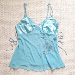 Linea Donatella Womens XL Blue Slip Dress Mini Babydoll Camisole Floral Satin